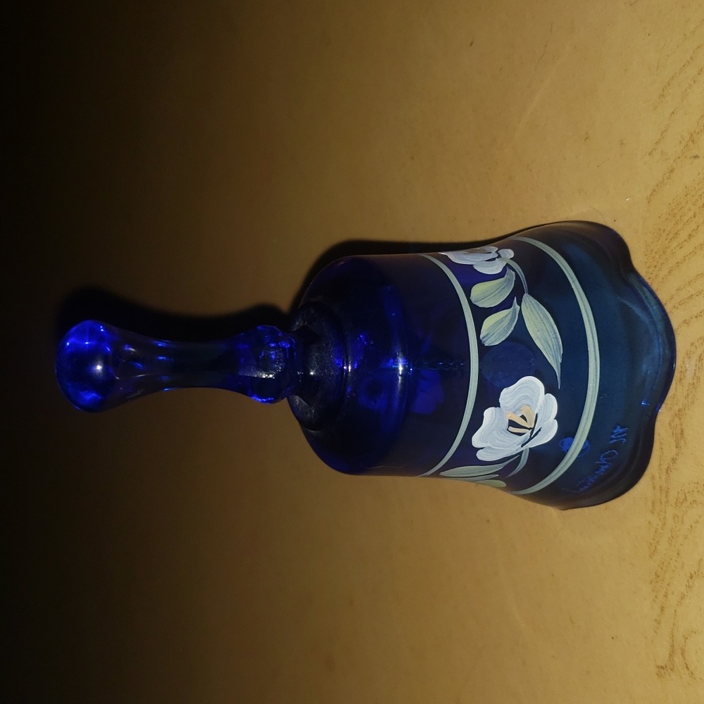 Fenton Cobalt Blue Bell Hand Painted Floral Design Artist Signed M. Hamstead
